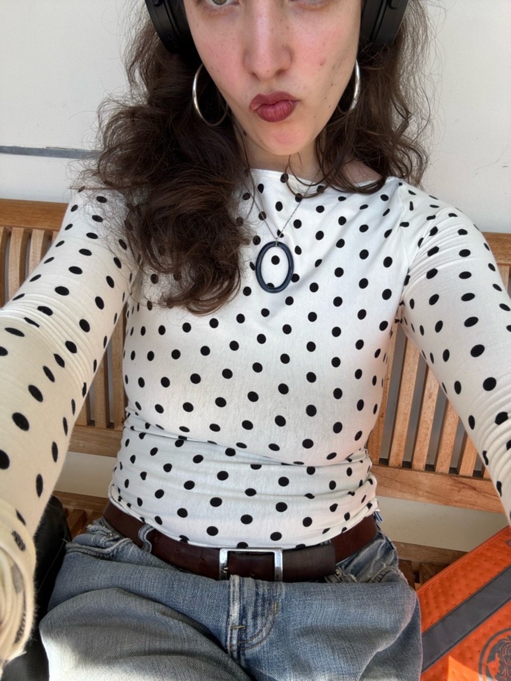 Women's White Boatneck Long Sleeve Polka Dot Tee